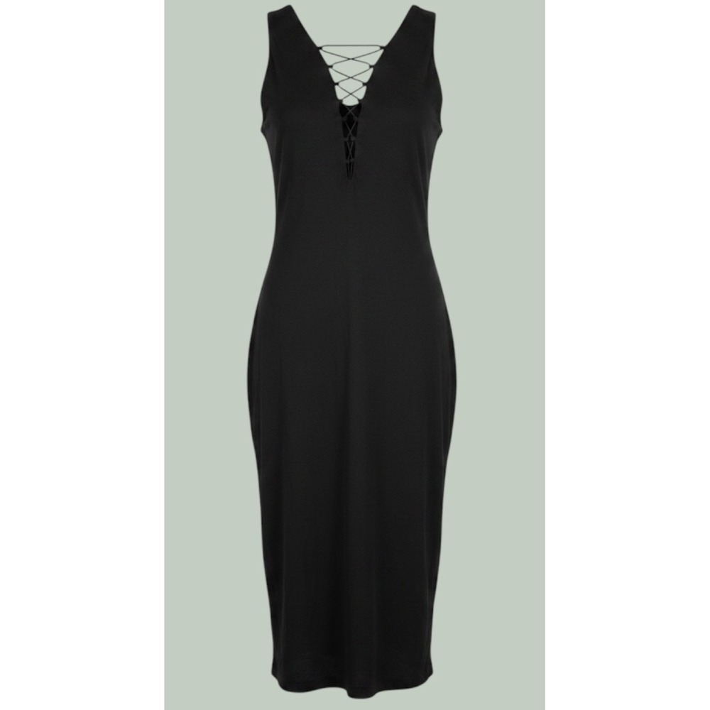 Bardot Black Lace Up V-Neck Midi Dress Sleeveless Corset Back 37469DB US 10 L